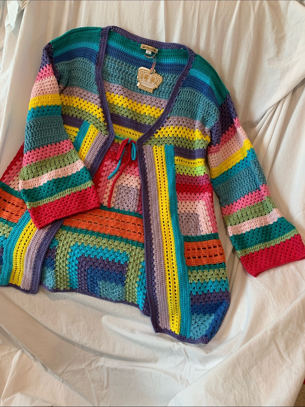 100%Cotton Granny square rainbow 🌈🦋🌺patchwork Open Cardigan Sweater - Vibrant . - Picture 6 of 17